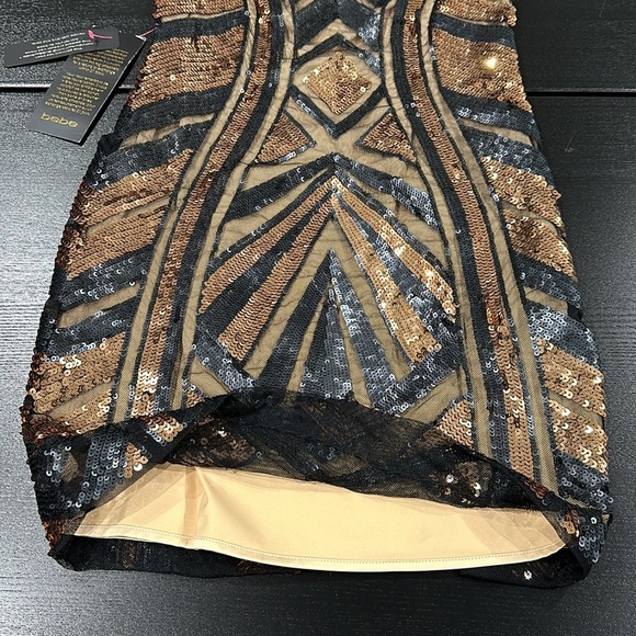 Bebe Black Gold Copper Geometric Sequin Mesh Bodycon Dress Size XS - Picture 6 of 10